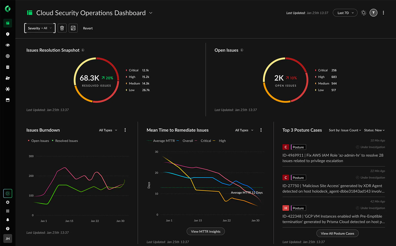 Cortex Cloud dashboard showing posture findings, runtime threats, and risk insights