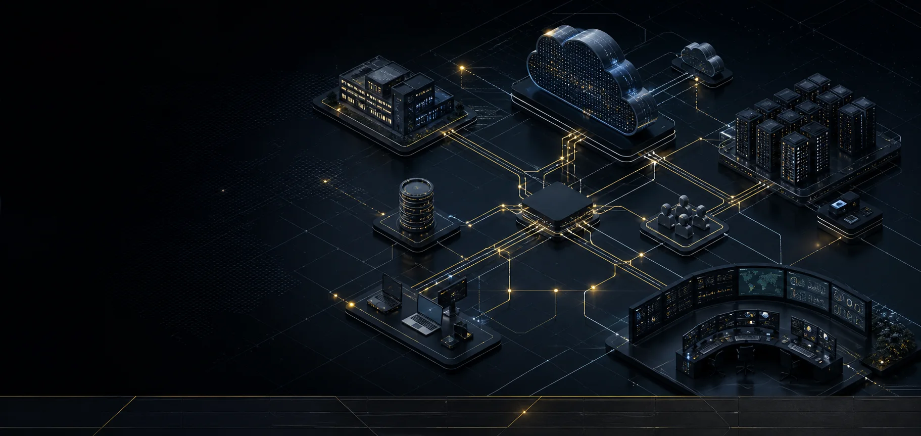 Enterprise security architecture connecting users, cloud, data center, and security operations