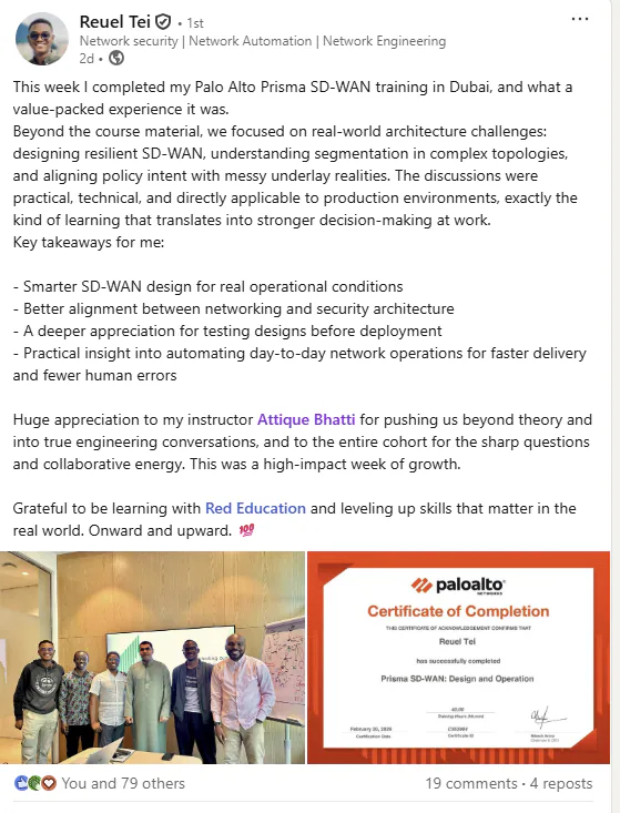 LinkedIn feedback after Prisma SD-WAN training in Dubai